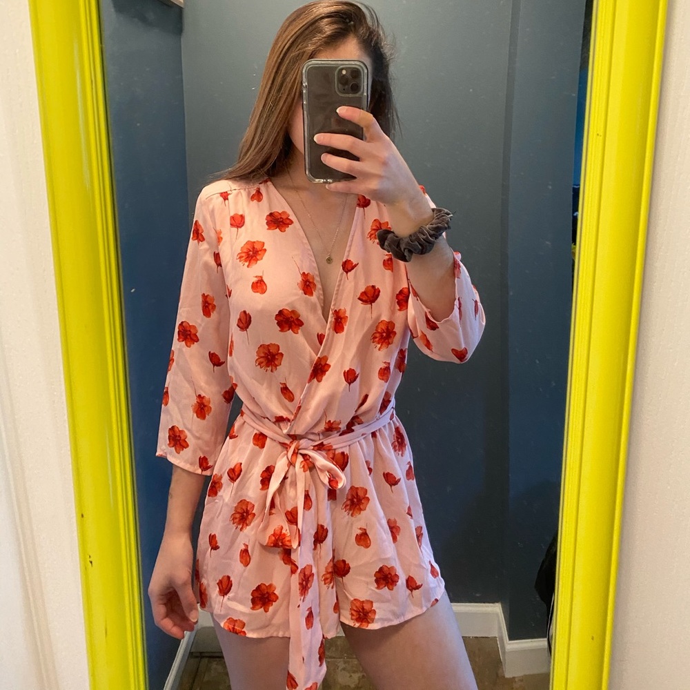 Pink flower printed romper